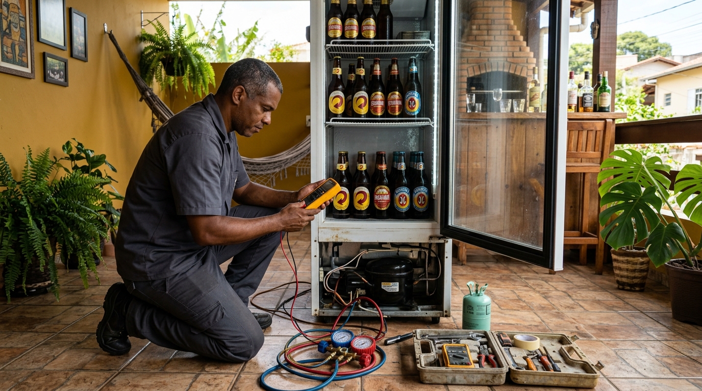Placa eletrônica de cervejeira em reparo na bancada em Marília‑SP