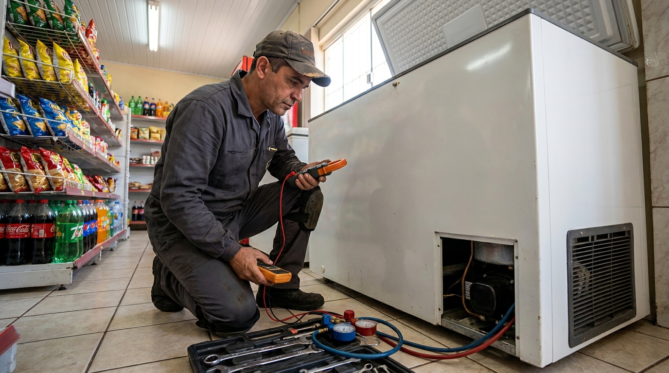Reparo da placa eletrônica de um freezer em atendimento em Marília‑SP