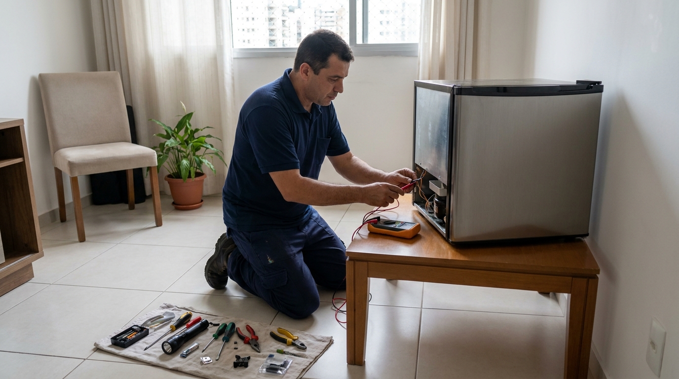 Técnico revisando o motor de um frigobar em Marília‑SP