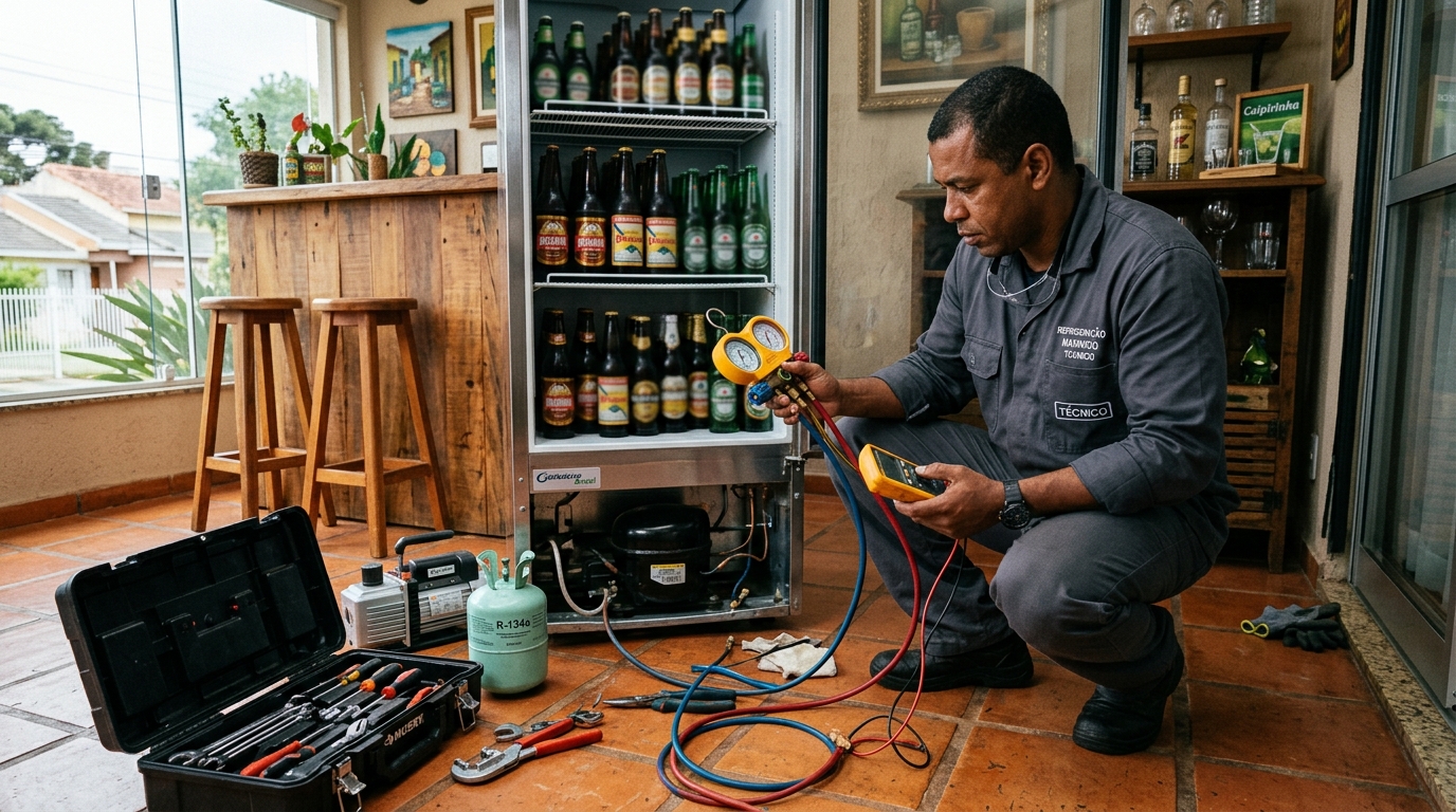 Técnico conferindo a temperatura de uma cervejeira durante atendimento em Marília‑SP